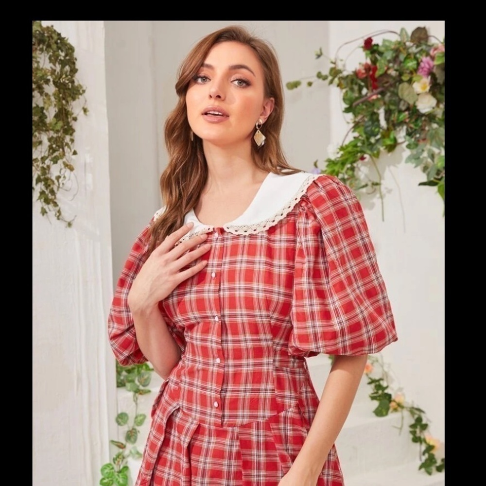 Lace Trim Buttoned Front Tie Back Plaid Dress - Picture 2 of 6